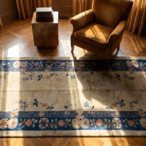 Antique Chinese Hallway Runner Wool Ivory Rug (SKU 24900) - styled overhead view
