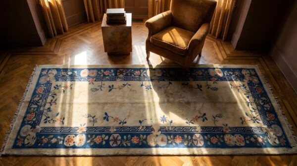 Antique chinese hallway runner wool ivory rug 2 Antique chinese hallway runner wool ivory rug (sku 24900) - styled overhead view