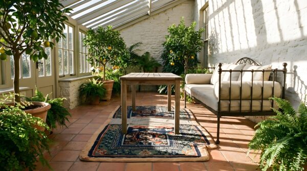 Antique chinese horse saddle cover blue color rug (sku 25398) - room view