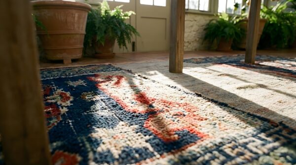Antique chinese horse saddle cover blue color rug (sku 25398) - in-room detail