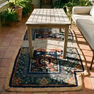 Antique Chinese Horse Saddle Cover Blue Color Rug (SKU 25398) - styled overhead view