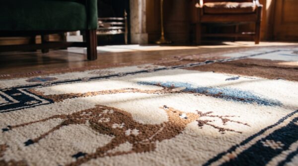 Antique chinese wool ivory beige cream white hand knotted pile rug 8 Antique chinese wool ivory beige cream white hand knotted pile rug (sku 21974) - in-room detail