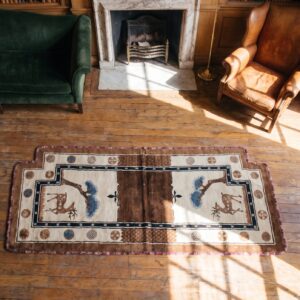 Antique Chinese Wool Ivory Beige Cream White Hand Knotted Pile Rug (SKU 21974) - styled overhead view