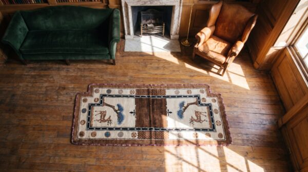 Antique chinese wool ivory beige cream white hand knotted pile rug 2 Antique chinese wool ivory beige cream white hand knotted pile rug (sku 21974) - styled overhead view