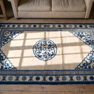 Antique Chinese Ivory Field Color Wool Pile Peking Rug (SKU 21999) - styled overhead view
