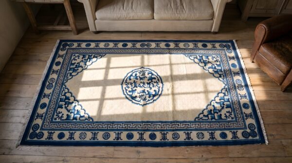 Antique chinese ivory field color wool pile peking rug 2 Antique chinese ivory field color wool pile peking rug (sku 21999) - styled overhead view