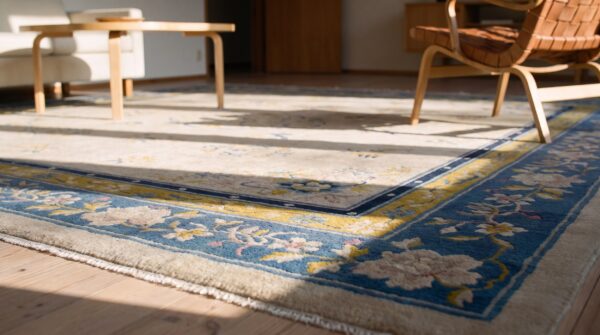 Chinese wool ivory - peking rectangle 1920s antique knotted room size rug 10 Chinese wool ivory - peking rectangle 1920s antique knotted room size rug (sku 25269) - in-room detail