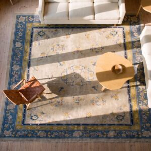 Chinese Wool Ivory - Peking Rectangle 1920s Antique Knotted Room Size Rug (SKU 25269) - styled overhead view