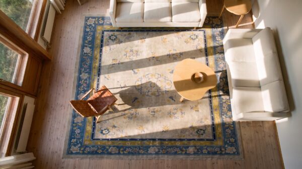 Chinese wool ivory - peking rectangle 1920s antique knotted room size rug 2 Chinese wool ivory - peking rectangle 1920s antique knotted room size rug (sku 25269) - styled overhead view