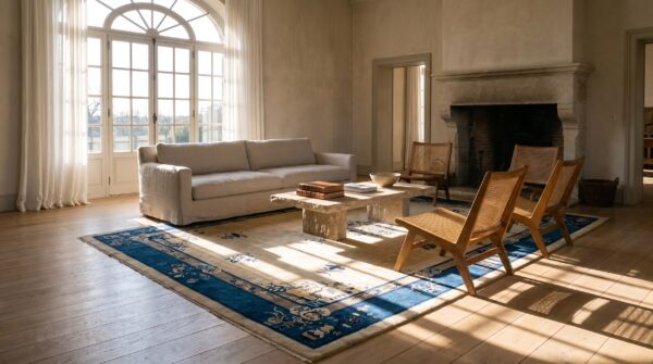 Knotted wool chinese ivory antique room size 1920s rectangle - peking rug 9 Knotted wool chinese ivory antique room size 1920s rectangle - peking rug (sku 25266) - room view