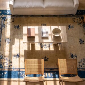 Knotted Wool Chinese Ivory Antique Room Size 1920s Rectangle - Peking Rug (SKU 25266) - styled overhead view