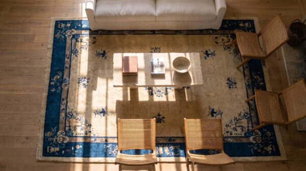 Knotted wool chinese ivory antique room size 1920s rectangle - peking rug 2 Knotted wool chinese ivory antique room size 1920s rectangle - peking rug (sku 25266) - styled overhead view