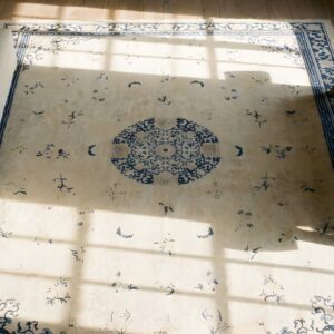 Chinese Ivory Knotted Room Size - Peking Antique Rectangle 1920s Wool Rug (SKU 25608) - styled overhead view