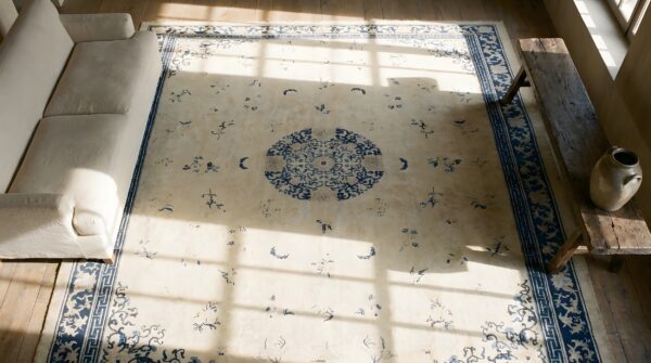Chinese ivory knotted room size - peking antique rectangle 1920s wool rug 2 Chinese ivory knotted room size - peking antique rectangle 1920s wool rug (sku 25608) - styled overhead view