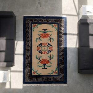 Antique Chinese Ivory Small Scatter Size Floral Peking Scatter Rug (SKU 23226) - styled overhead view