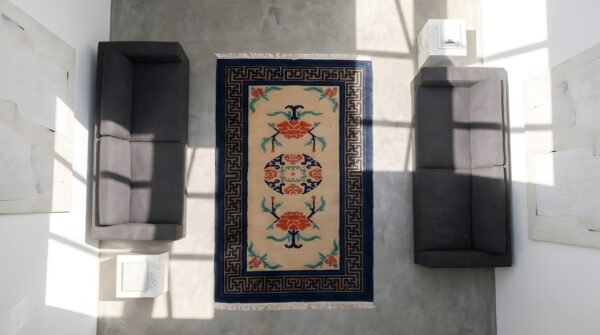 Antique chinese ivory small scatter size floral peking scatter rug 2 Antique chinese ivory small scatter size floral peking scatter rug (sku 23226) - styled overhead view