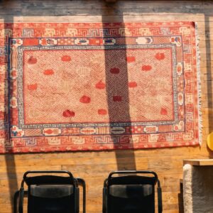 Antique Chinese - Kansu Hallway Runner Wool Coral Rug (SKU 21301) - styled overhead view