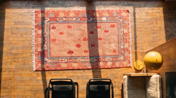 Antique chinese - kansu hallway runner wool coral rug 2 Antique chinese - kansu hallway runner wool coral rug (sku 21301) - styled overhead view