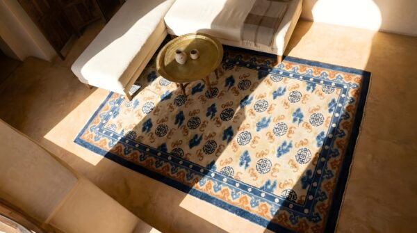 Antique chinese - kansu hallway runner wool ivory rug (sku 25592) - styled overhead view