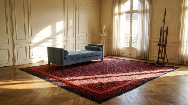 Antique chinese kansu knotted square rug 10 Antique chinese kansu knotted square rug (sku 23500) - room view