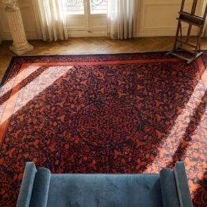 Antique Chinese Kansu Knotted Square Rug (SKU 23500) - styled overhead view