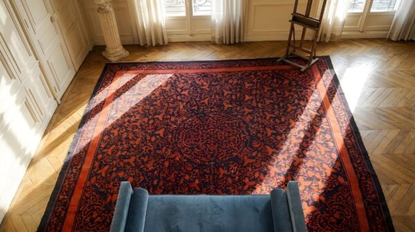 Antique chinese kansu knotted square rug 2 Antique chinese kansu knotted square rug (sku 23500) - styled overhead view
