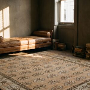 Antique Chinese Khotan-Style Rug, Beige Background, Hand-Knotted Wool (SKU 19804) - room view