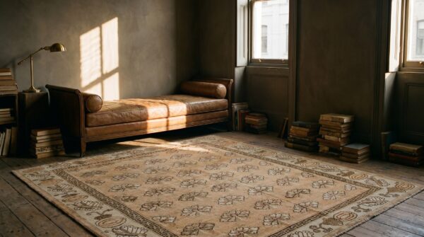 Antique chinese khotan-style rug, beige background, hand-knotted wool 9 Antique chinese khotan-style rug, beige background, hand-knotted wool (sku 19804) - room view