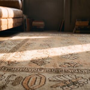 Antique Chinese Khotan-Style Rug, Beige Background, Hand-Knotted Wool (SKU 19804) - in-room detail