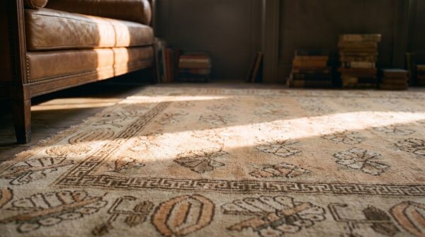 Antique chinese khotan-style rug, beige background, hand-knotted wool 10 Antique chinese khotan-style rug, beige background, hand-knotted wool (sku 19804) - in-room detail