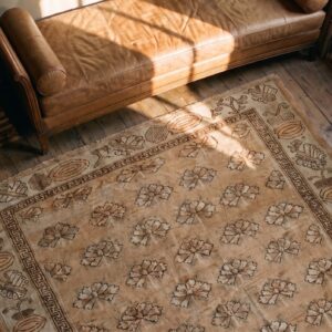 Antique Chinese Khotan-Style Rug, Beige Background, Hand-Knotted Wool (SKU 19804) - styled overhead view