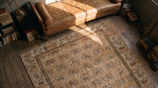 Antique chinese khotan-style rug, beige background, hand-knotted wool 2 Antique chinese khotan-style rug, beige background, hand-knotted wool (sku 19804) - styled overhead view