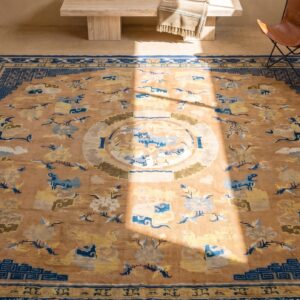 Antique Chinese Lions Food Dogs Design Square 18th Century Ningxia Rug (SKU 18355) - styled overhead view