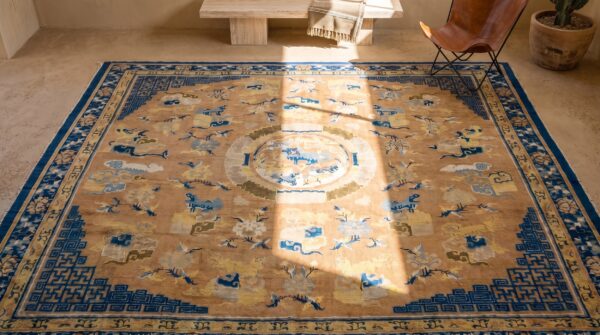 Antique chinese lions food dogs design square 18th century ningxia rug (sku 18355) - styled overhead view