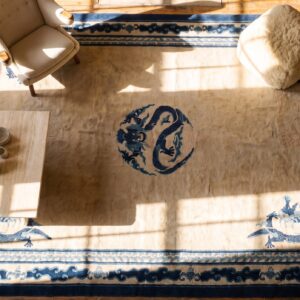 Antique Chinese Medallion Knotted Rug (SKU 25067) - styled overhead view