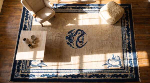 Antique chinese medallion knotted rug 2 Antique chinese medallion knotted rug (sku 25067) - styled overhead view