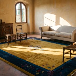 Antique Chinese Minimalist Floral Art Deco Room Size Wool Blue Yellow Rug (SKU 23833) - room view