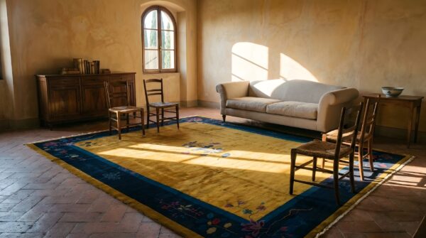Antique chinese minimalist floral art deco room size wool blue yellow rug 8 Antique chinese minimalist floral art deco room size wool blue yellow rug (sku 23833) - room view