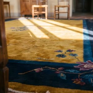 Antique Chinese Minimalist Floral Art Deco Room Size Wool Blue Yellow Rug (SKU 23833) - in-room detail