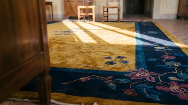 Antique chinese minimalist floral art deco room size wool blue yellow rug 9 Antique chinese minimalist floral art deco room size wool blue yellow rug (sku 23833) - in-room detail