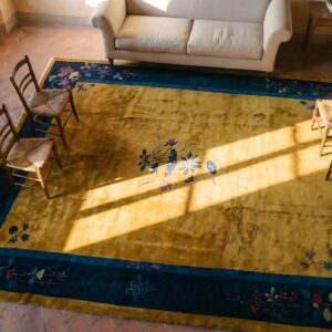 Antique Chinese Minimalist Floral Art Deco Room Size Wool Blue Yellow Rug (SKU 23833) - styled overhead view