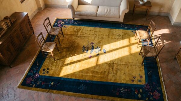 Antique chinese minimalist floral art deco room size wool blue yellow rug 2 Antique chinese minimalist floral art deco room size wool blue yellow rug (sku 23833) - styled overhead view