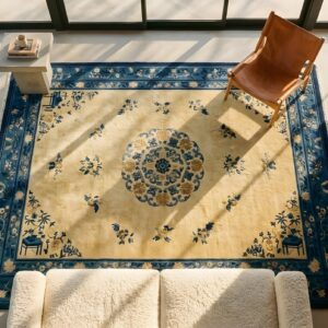 Antique Chinese Minimalist Light Cream Color Open Field Peking Rug (SKU 24955) - styled overhead view