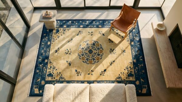 Antique chinese minimalist light cream color open field peking rug 2 Antique chinese minimalist light cream color open field peking rug (sku 24955) - styled overhead view