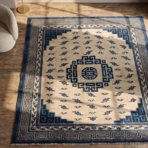 Antique Chinese - Mongolian Chinese Knotted Rug (SKU 20411) - styled overhead view