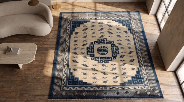 Antique chinese - mongolian chinese knotted rug 2 Antique chinese - mongolian chinese knotted rug (sku 20411) - styled overhead view