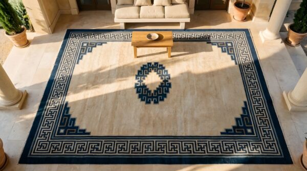 Antique chinese - mongolian large room size wool ivory rug (sku 25579) - styled overhead view