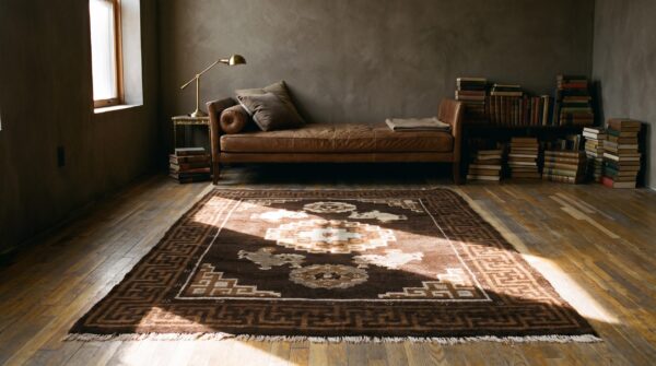 Antique chinese - mongolian small scatter size wool brown rug 11 Antique chinese - mongolian small scatter size wool brown rug (sku 21618) - room view