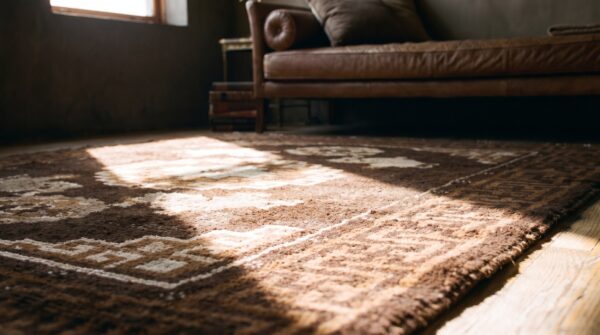 Antique chinese - mongolian small scatter size wool brown rug 12 Antique chinese - mongolian small scatter size wool brown rug (sku 21618) - in-room detail