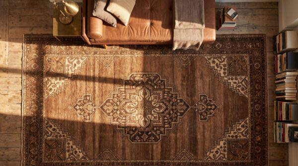 Antique chinese - mongolian small scatter size wool brown rug 2 Antique chinese - mongolian small scatter size wool brown rug (sku 21618) - styled overhead view